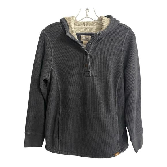 LL Bean Sweatshirt Mens Medium Hoodie Waffle Knit Snaps Fleece Lined Gray Henley - Picture 1 of 7